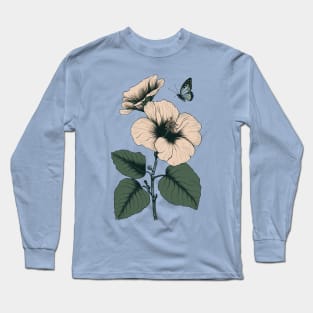 Sage Green Hibiscus Flower Butterfly Aesthetic Floral Plant Long Sleeve T-Shirt